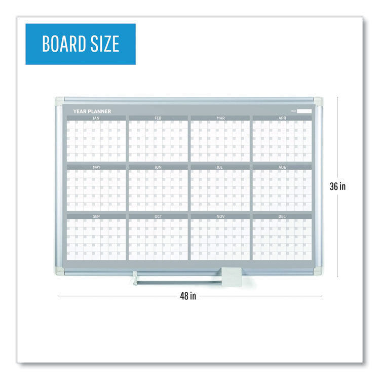 Magnetic Dry Erase Calendar Board, 12-Month Planning/Scheduling, 48" x 36", White Surface, Satin Aluminum Frame