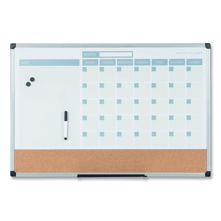 3-in-1 Calendar Planner, Monthly Planning/Scheduling Calendar, 36" x 24", White Surface, Satin Aluminum Frame
