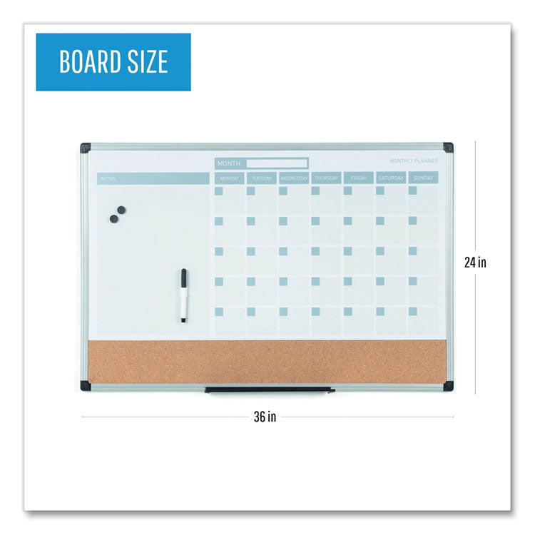 3-in-1 Calendar Planner, Monthly Planning/Scheduling Calendar, 36" x 24", White Surface, Satin Aluminum Frame