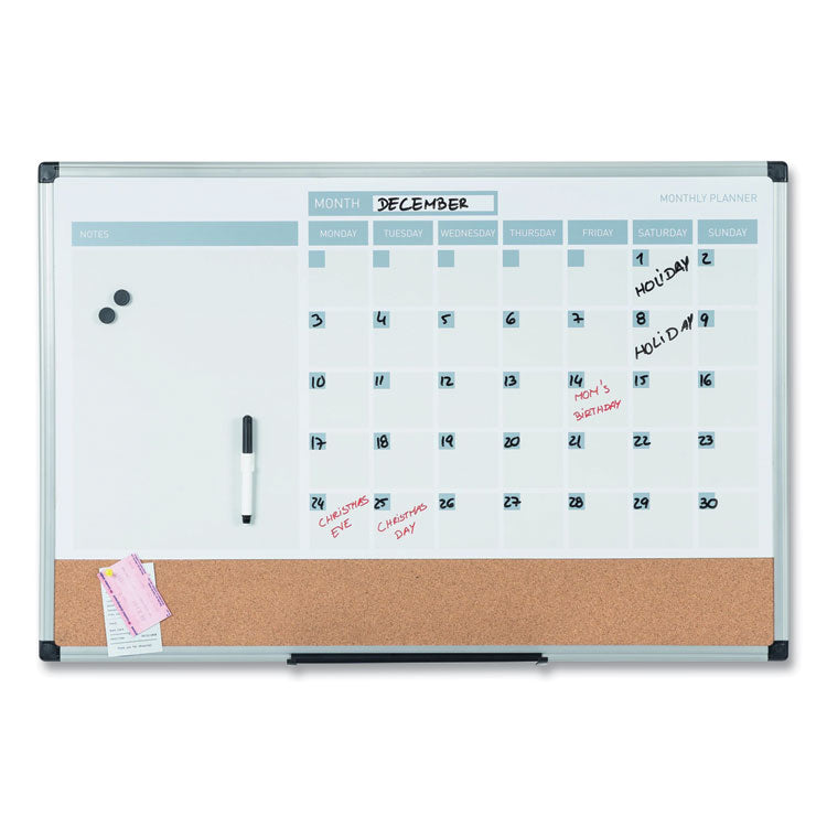 3-in-1 Calendar Planner, Monthly Planning/Scheduling Calendar, 36" x 24", White Surface, Satin Aluminum Frame