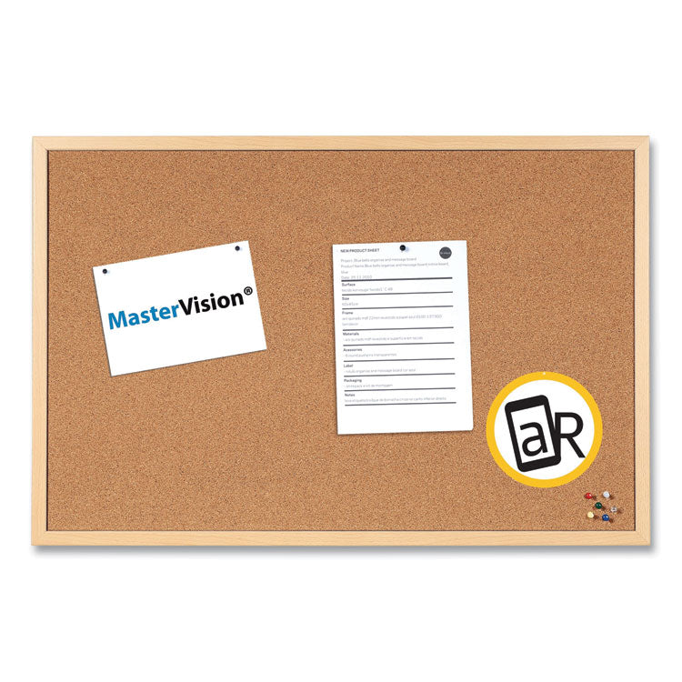 Value Cork Board with Oak Frame, 24" x 36", Brown Surface, Natural Oak Frame