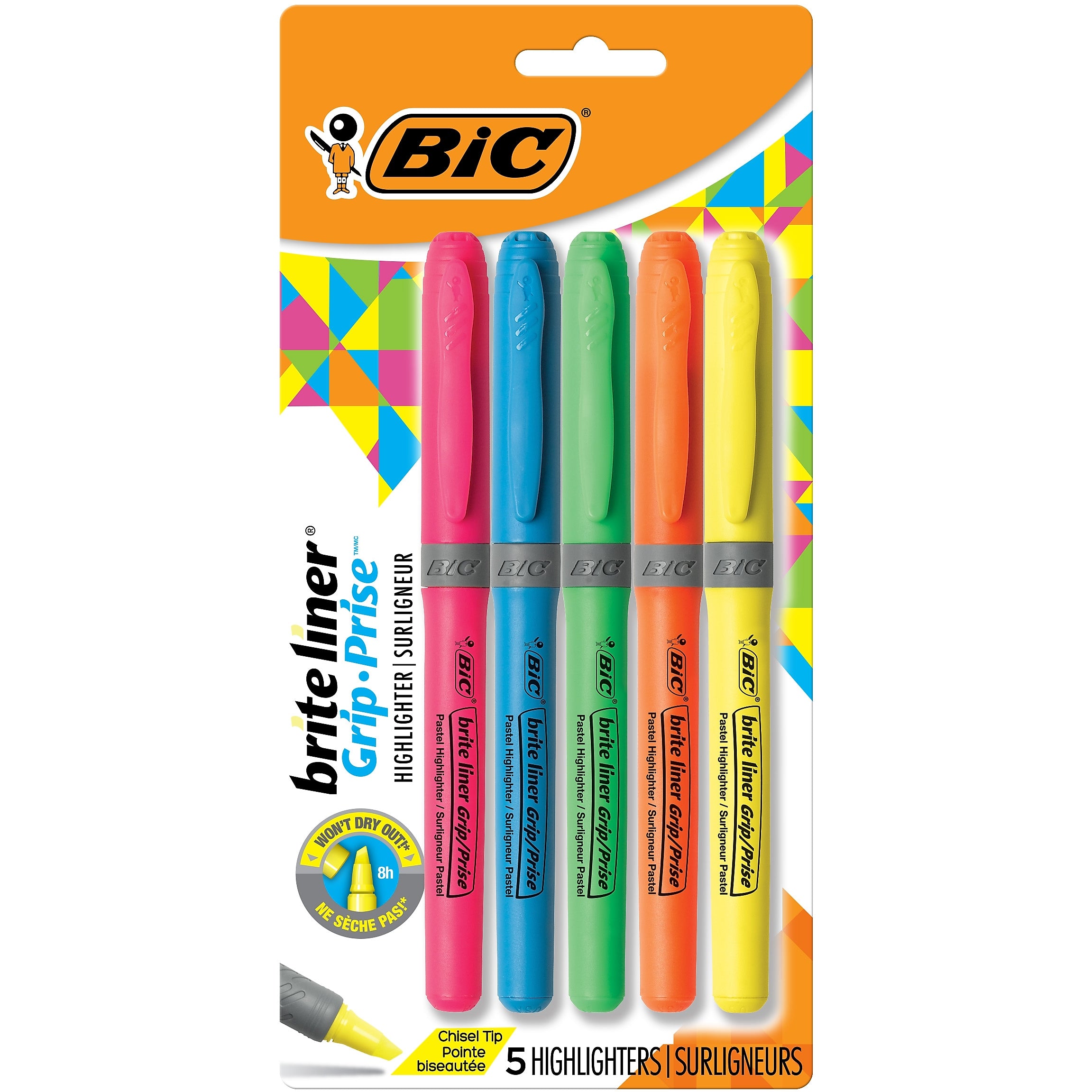 BIC Brite Liner Stick Highlighter with Grip, Chisel Tip, Assorted, 5/Pack (31257)