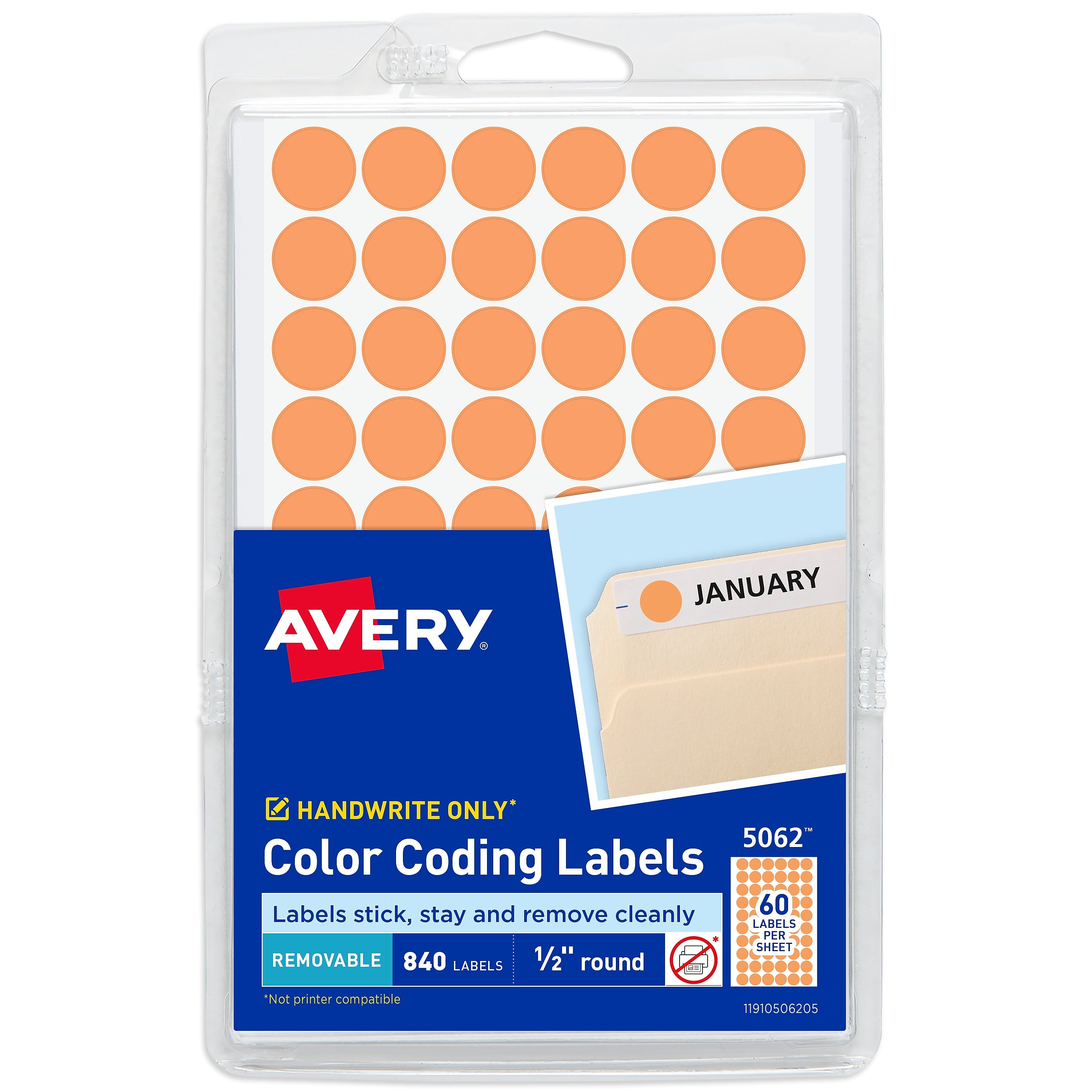 Avery Color-Coding Labels, 1/2 " Dia, Neon Orange, Non-Printable, 840 Labels/Pack (5062)