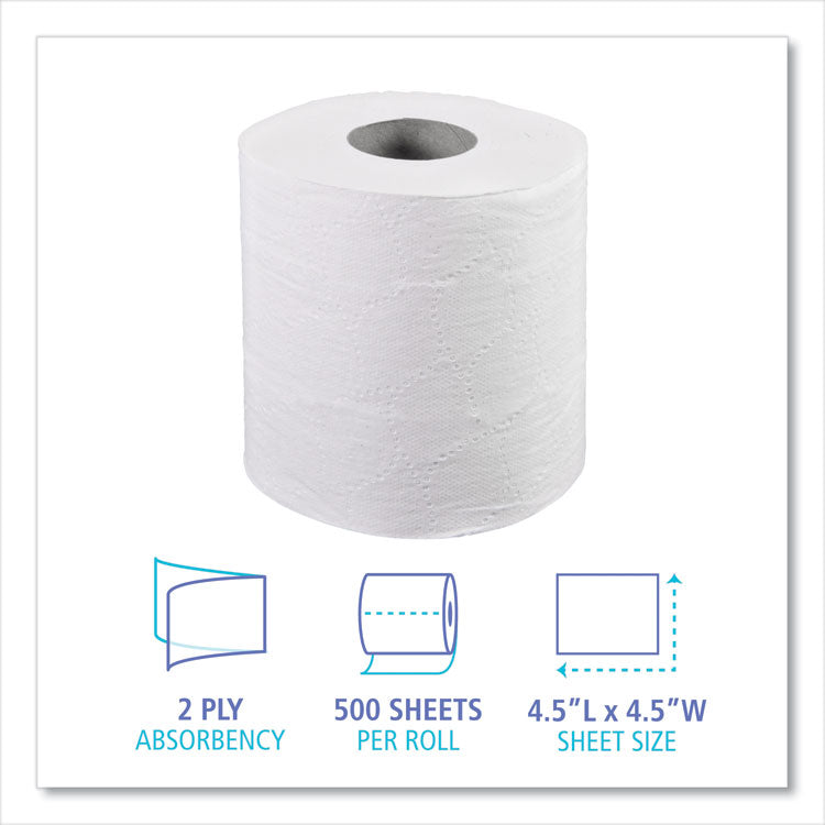 2-Ply Toilet Tissue, Septic Safe, White, 4.5 x 4.5, 500 Sheets/Roll, 96 Rolls/Carton