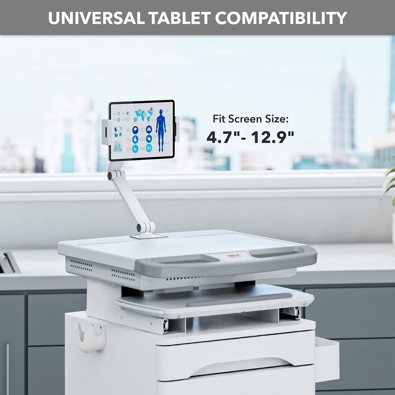 Mount-It! MedHub Mobile Medical Cart Workstation with Drawers, Tablet Arm, and Locking Caster Wheels, White/Grey (MI-16028)