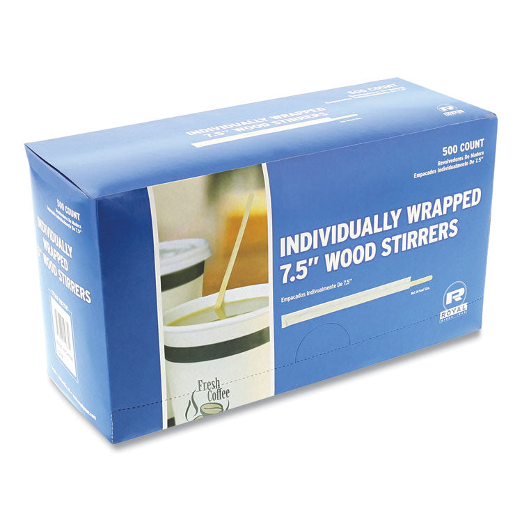 Wood Coffee Stirrers, 7.5", Wrapped, 5,000/carton