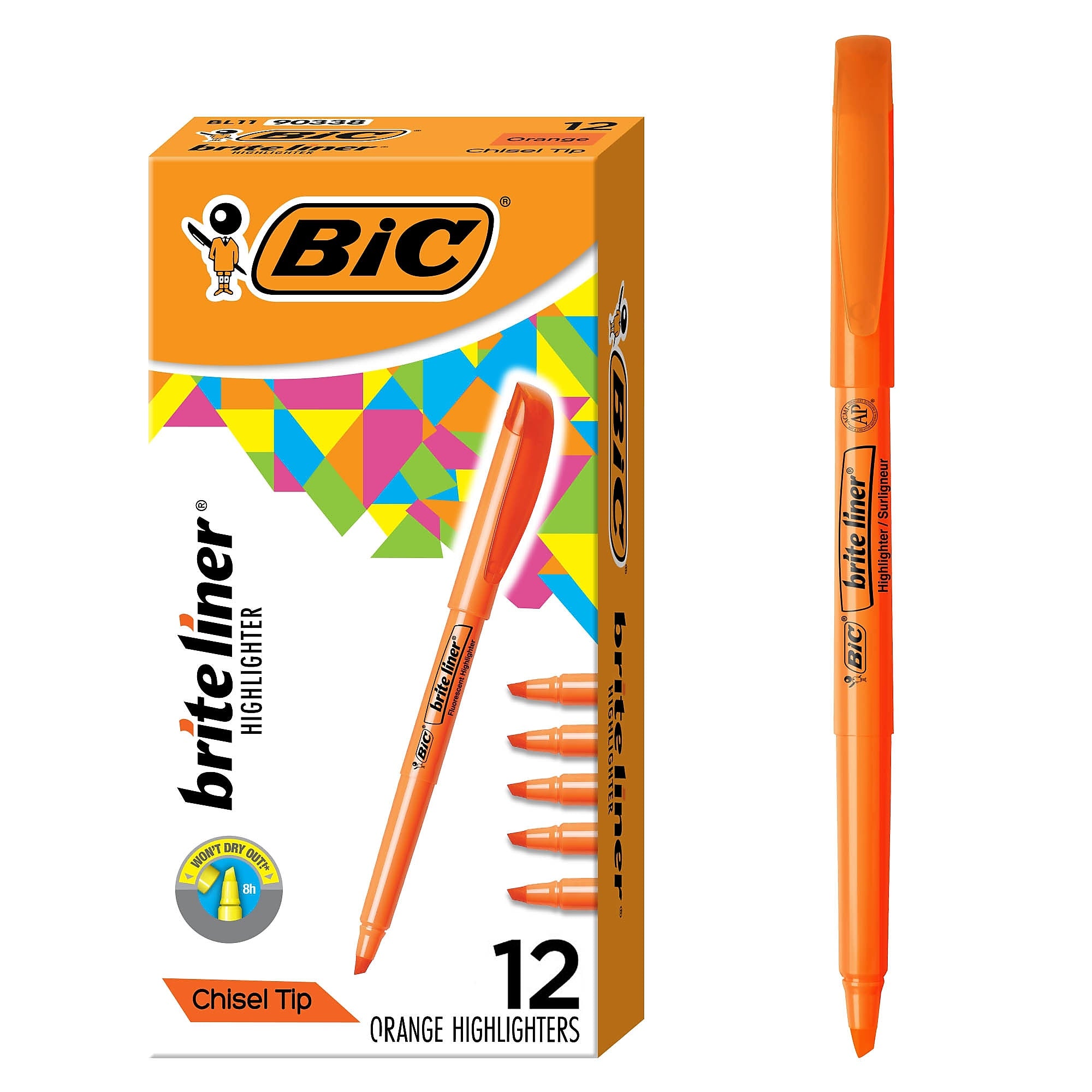 BIC Brite Liner Stick Highlighter, Chisel Tip, Orange, Dozen (90338/BL11OR)