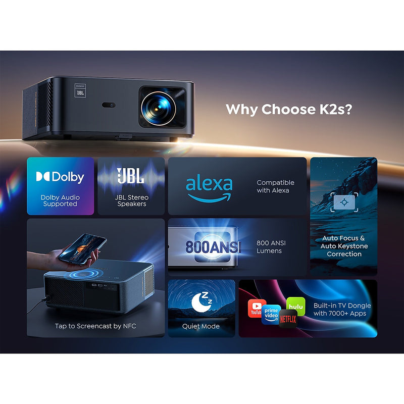 Yaber K2S HDMI/USB/Wireless Portable LCD Home Theater Projector, Black