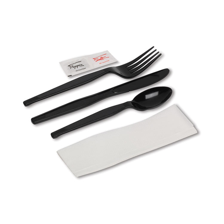 Wrapped Tableware/Napkin Packets, Mediumweight, Fork/Knife/Napkin/Spoon, Plastic, Black, 250/Carton