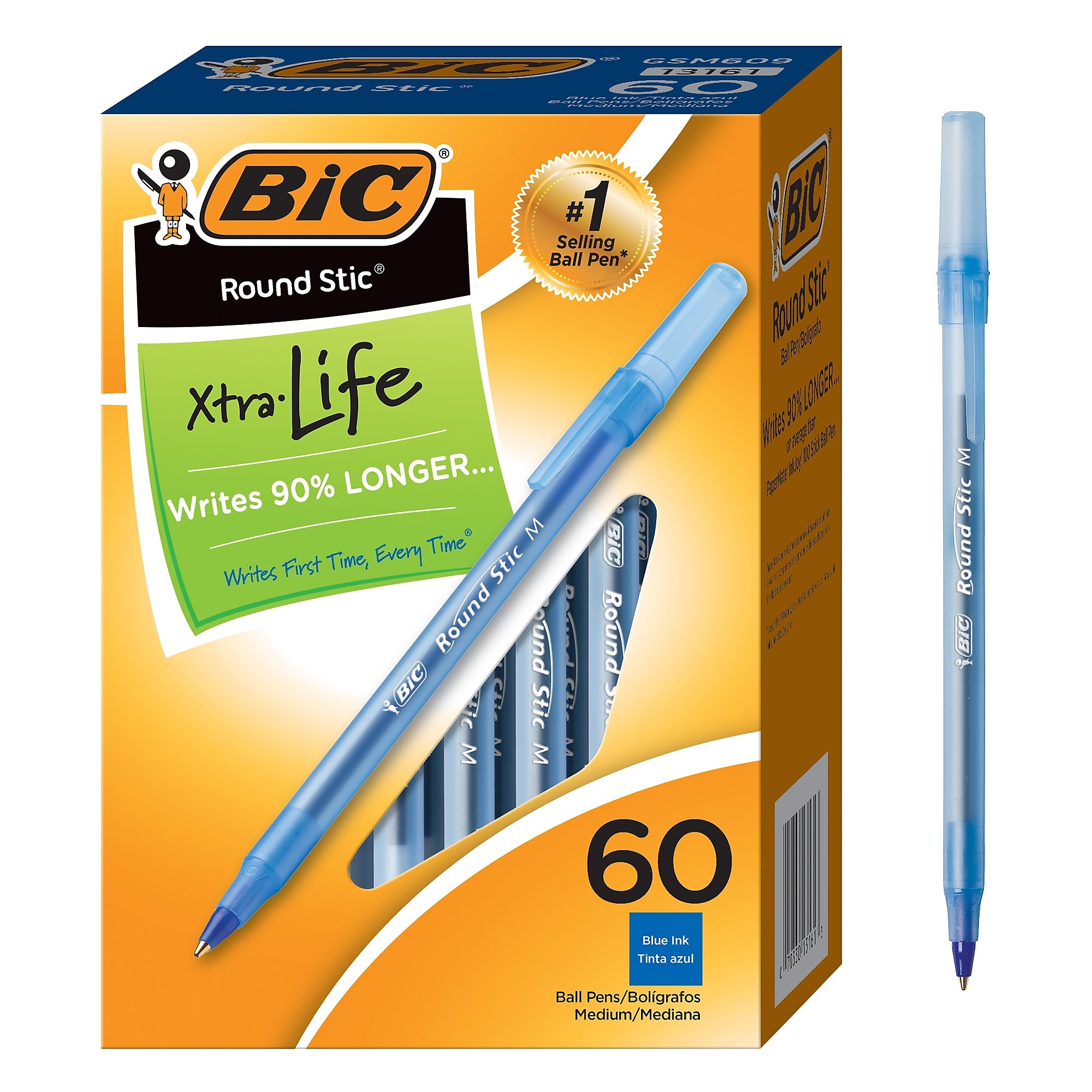 BIC Round Stic Xtra Life Ballpoint Pens, Medium Point, 1.0mm, Blue Ink, 60/Pack (GSM609BE)
