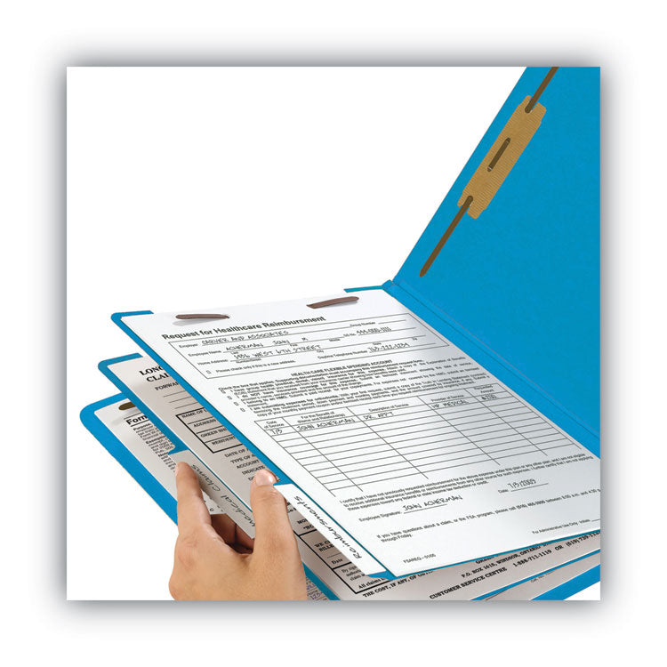Colored End Tab Classification Folders with Dividers, 2" Expansion, 2 Dividers, 6 Fasteners, Letter Size, Blue, 10/Box