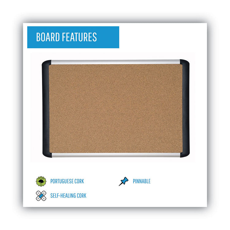 Tech Cork Board, 48" x 36", Tan Surface, Silver/Black Aluminum Frame