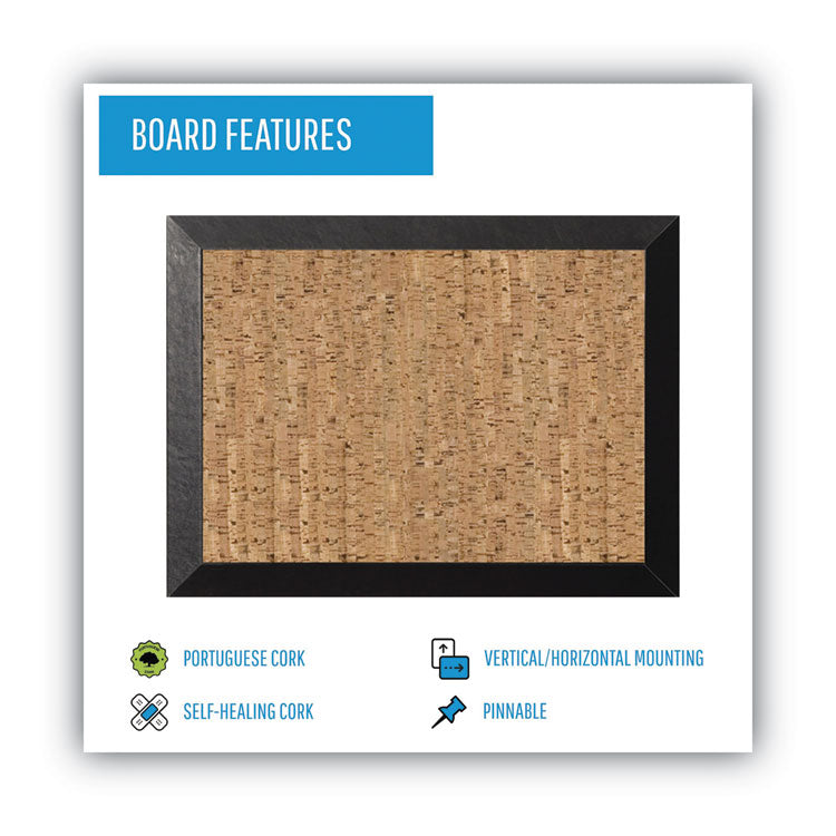 Natural Cork Bulletin Board, 36" x 24", Tan Surface, Black Wood Frame