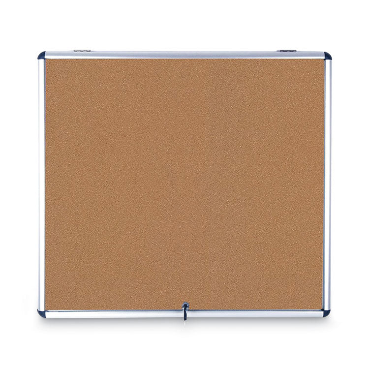 Slim-Line Enclosed Cork Bulletin Board with One Door, 47" x 38", Tan Surface, Satin Aluminum Frame