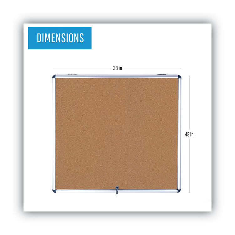 Slim-Line Enclosed Cork Bulletin Board with One Door, 47" x 38", Tan Surface, Satin Aluminum Frame
