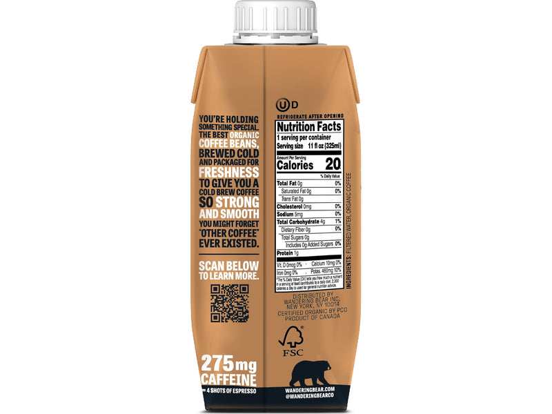 Wandering Bear Straight Black Cold Brew Coffee, 11 oz., 12/Case (WBSB11oz12pak)