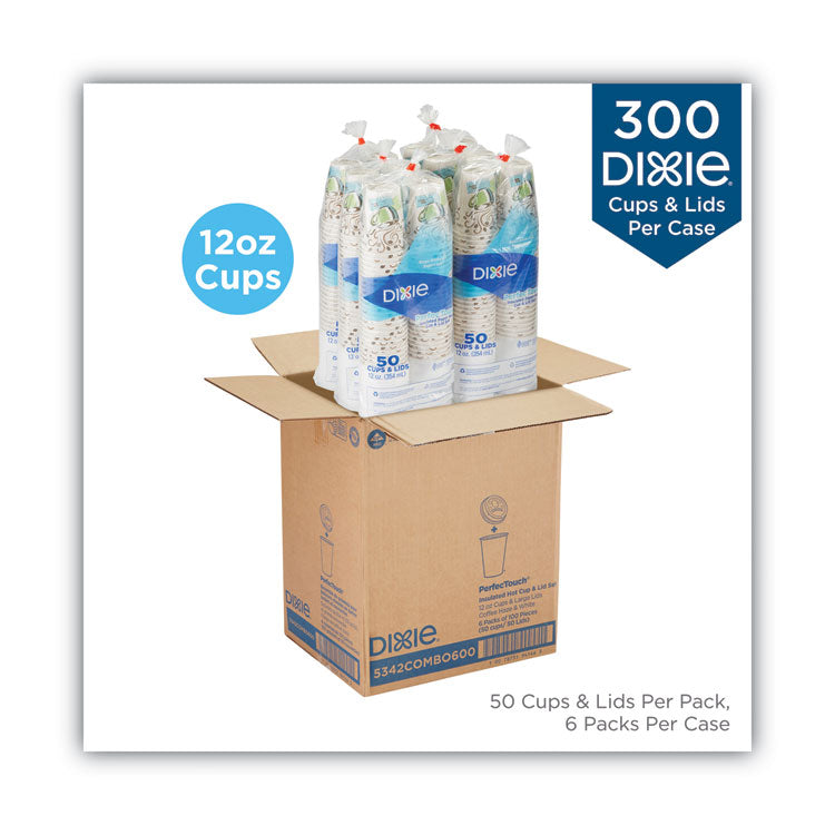 PerfecTouch Paper Hot Cups and Lids Combo, 12 oz, Coffee Haze Design, 50/Pack, 6 Packs/Carton