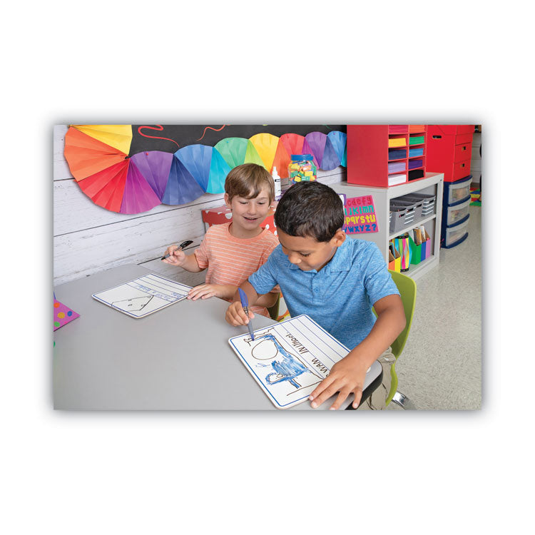 Dry Erase Student Boards, Ruled for Handwriting Practice, 12" x 9", Blue/White Surface, 10/Set