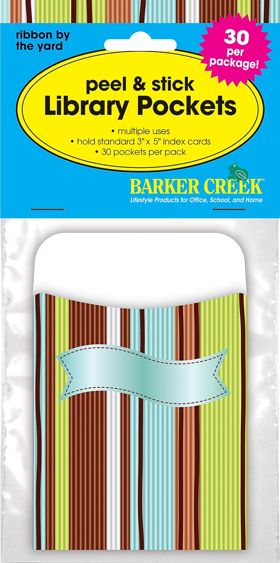 Barker Creek Ribbon by the Yard Library Pockets, 5.125" x 3.5", 30/Pack (LL1230/Pack)