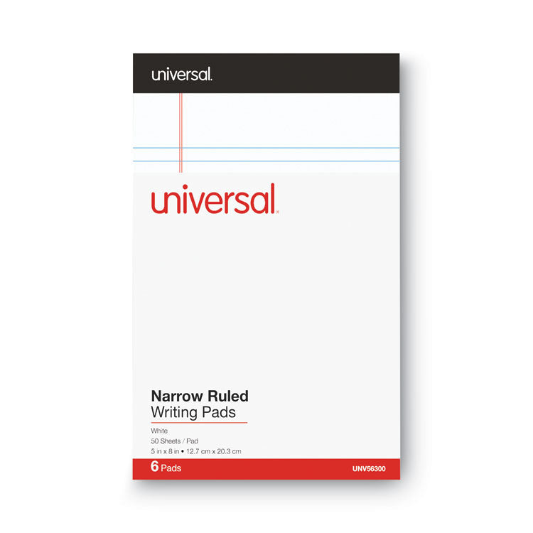 Premium Ruled Writing Pads With Heavy-Duty Back, Narrow Rule, Black Headband, 50 White 5 X 8 Sheets, 6/pack