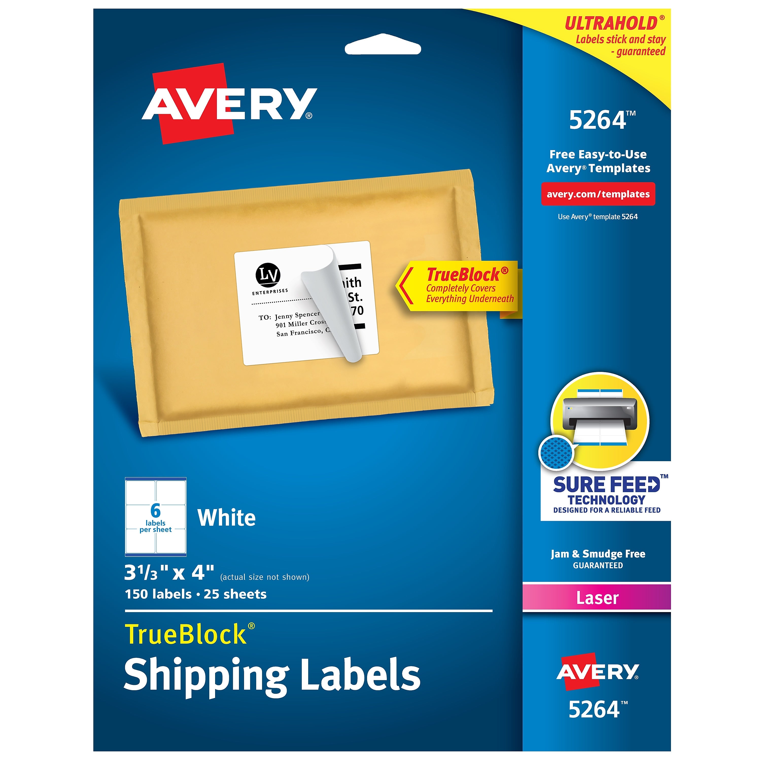 Avery TrueBlock Laser Shipping Labels, 3-1/3" x 4", White, 150 Labels/Pack (5264)