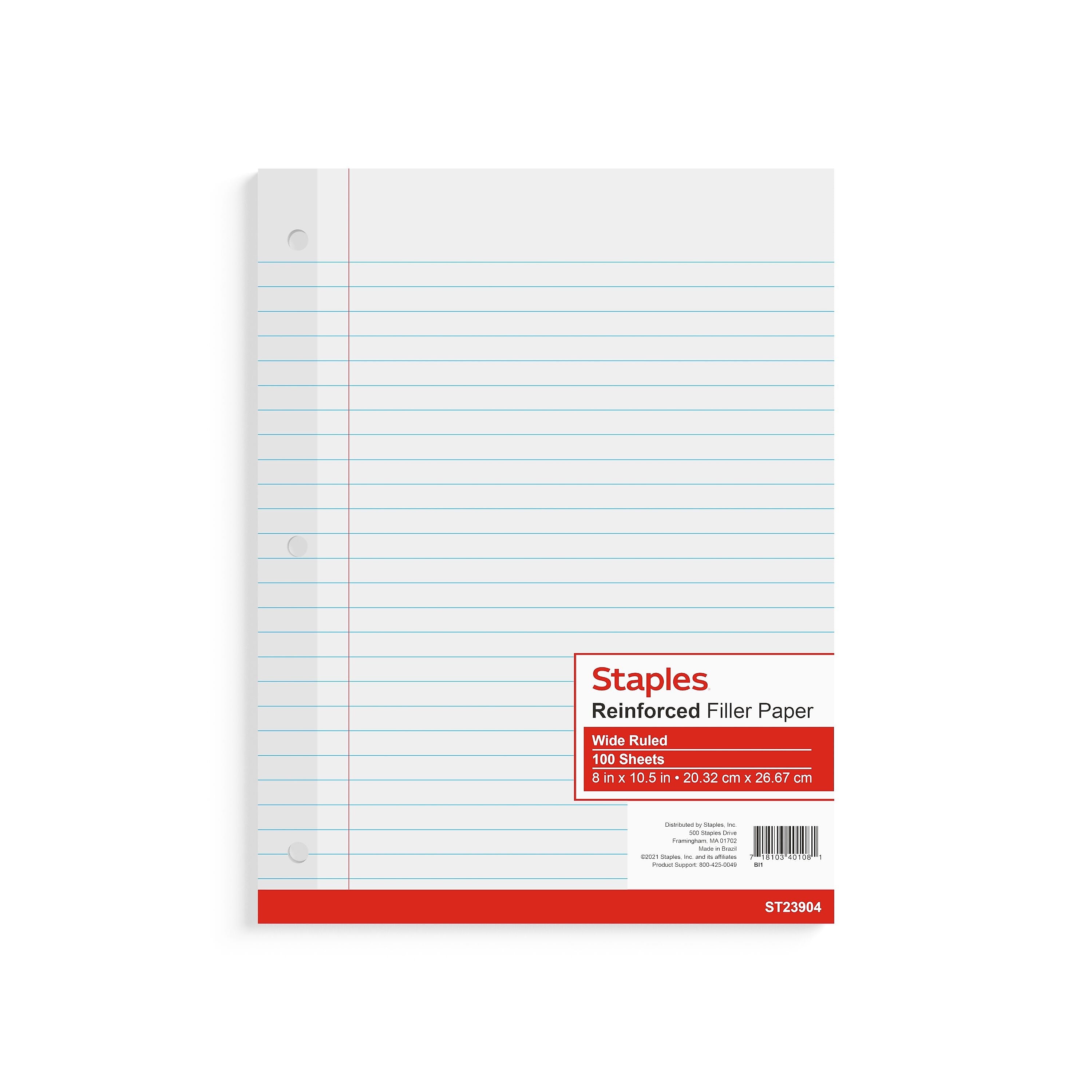 Staples Wide Ruled Filler Paper, 8" x 10.5", White, 100 Sheets/Pack (ST23904G)