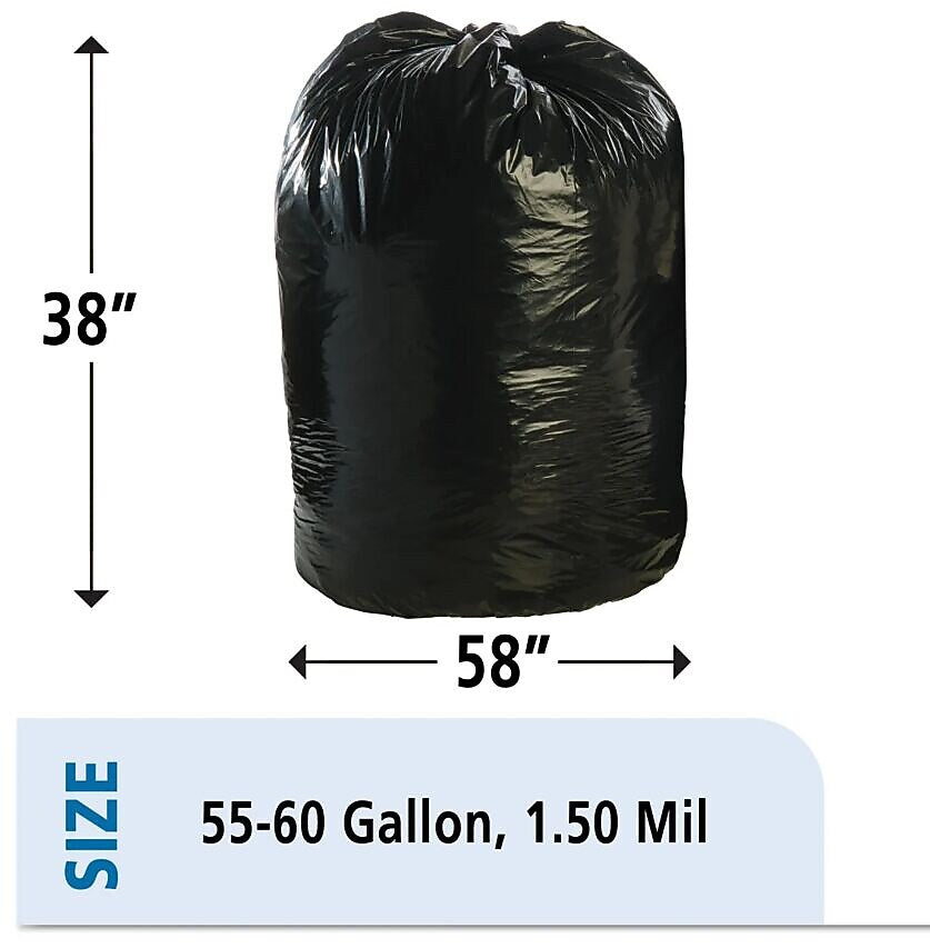 Skilcraft 55-60 Gallon Trash Bags with 100% PCR, 38" x 58", Low Density, 1.5 mil, Black, 20/Box (NSN5173668)