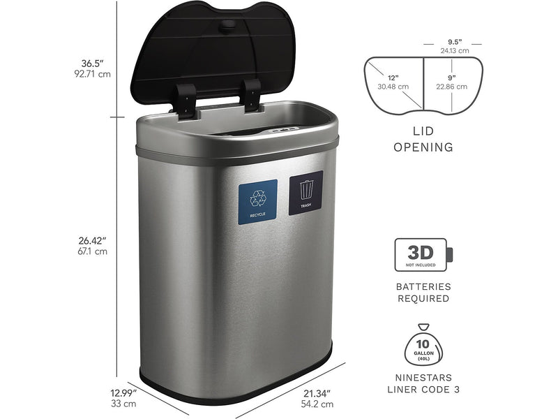 Nine Stars Stainless Steel Dual-Compartment Motion Sensor Trash Can, 18.5-Gallon, Silver (DZT-70-R3)