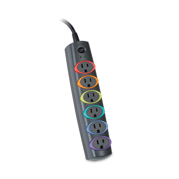 SmartSockets Color-Coded Strip Surge Protector, 6 AC Outlets, 7 ft Cord, 945 J, Black