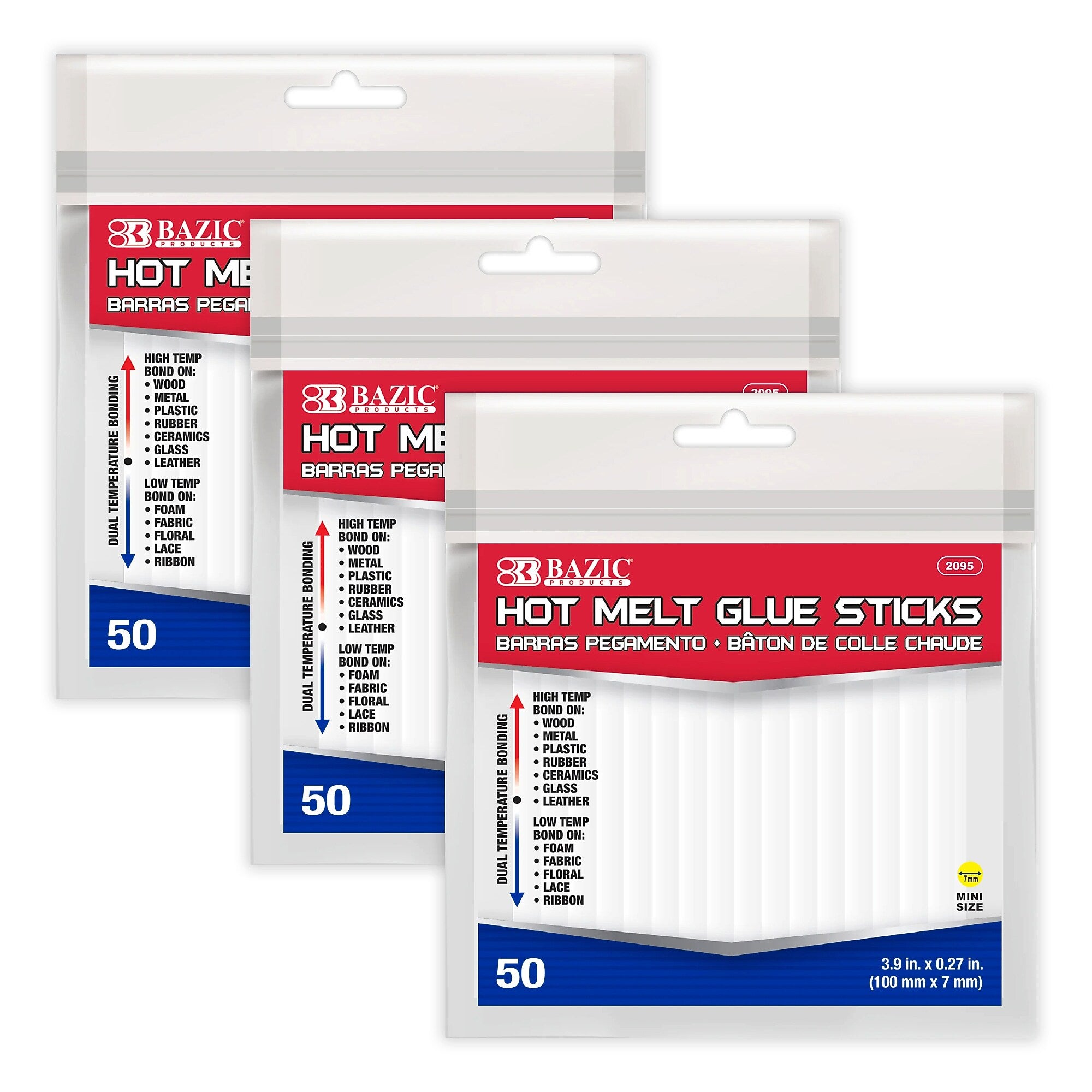 Bazic Dual-Temp Mini Hot Glue Sticks, Clear, 50/Pack, 3 Packs/Bundle(BAZ2095-3)