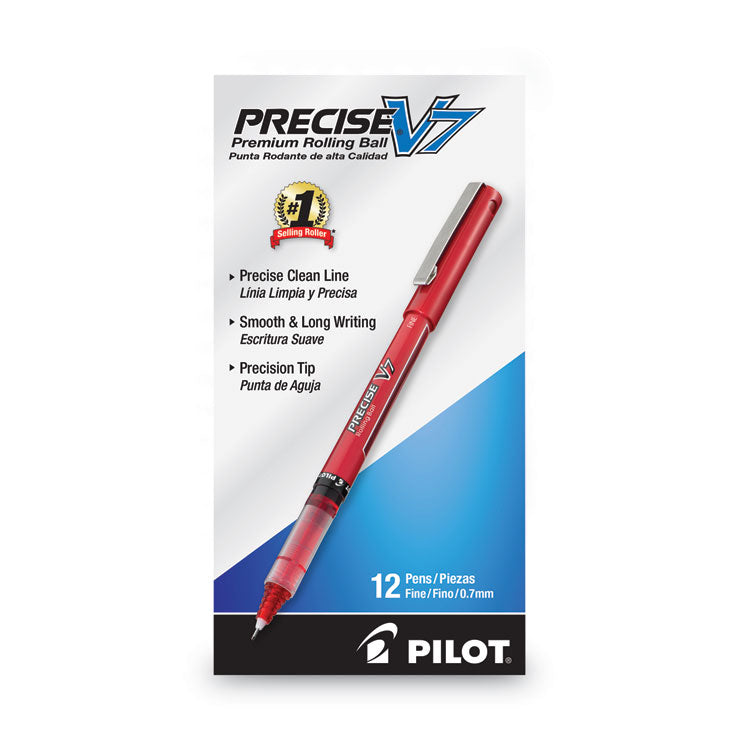 Precise V7 Rollerball Pen, Stick, Fine 0.7 mm, Red Ink, Red/Clear Barrel, Dozen