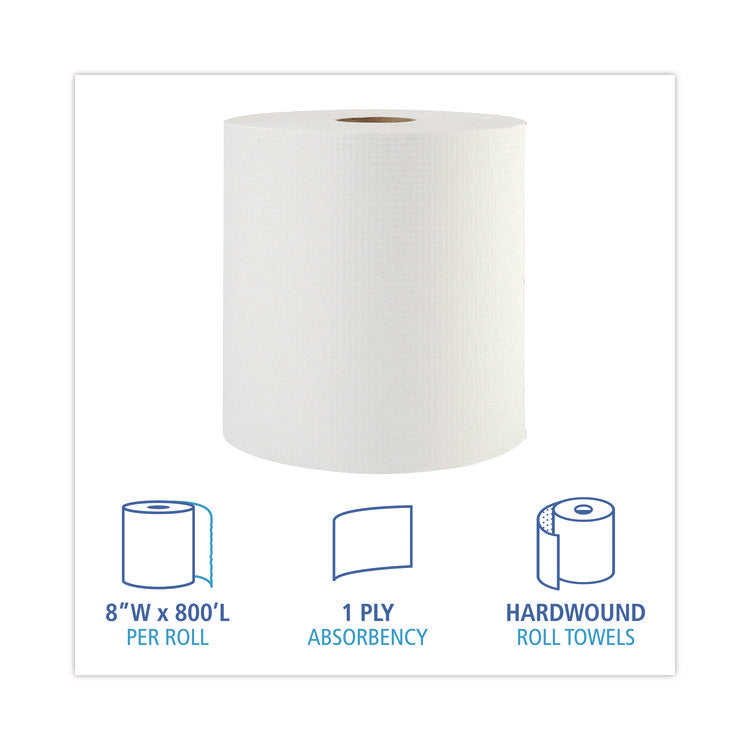 Hardwound Paper Towels, 1-Ply, 8" x 800 ft, White, 6 Rolls/Carton
