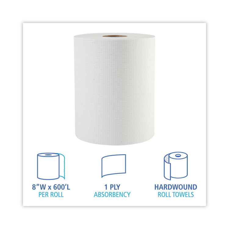 Hardwound Paper Towels, 1-Ply, 8" X 600 Ft, White, 2" Core, 12 Rolls/carton