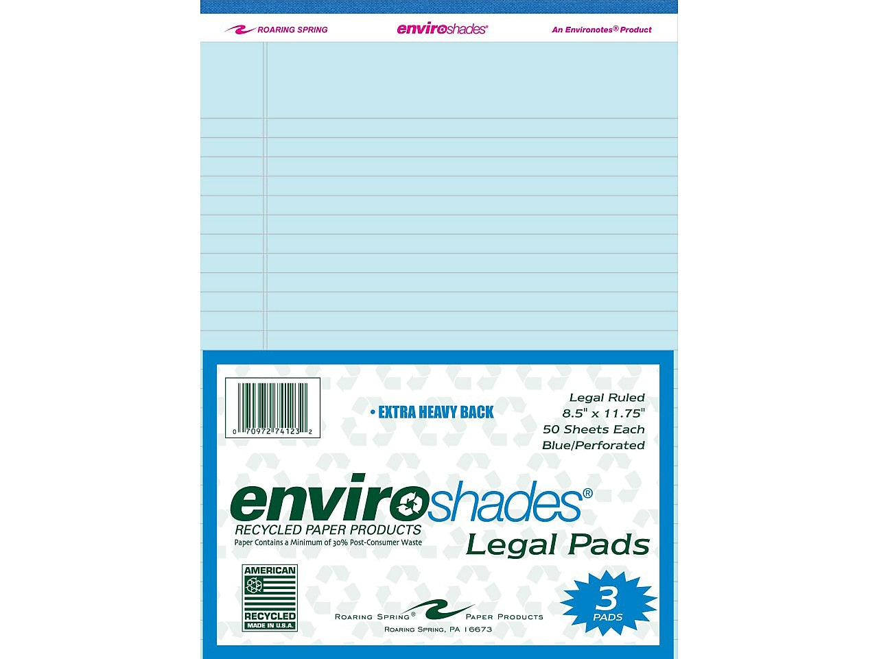 Roaring Spring Paper Products 8.5" x 11.75" Legal Pads, Recycled Blue Paper, 50 Sheets/Pad, 3 Pads/Pack (74123)