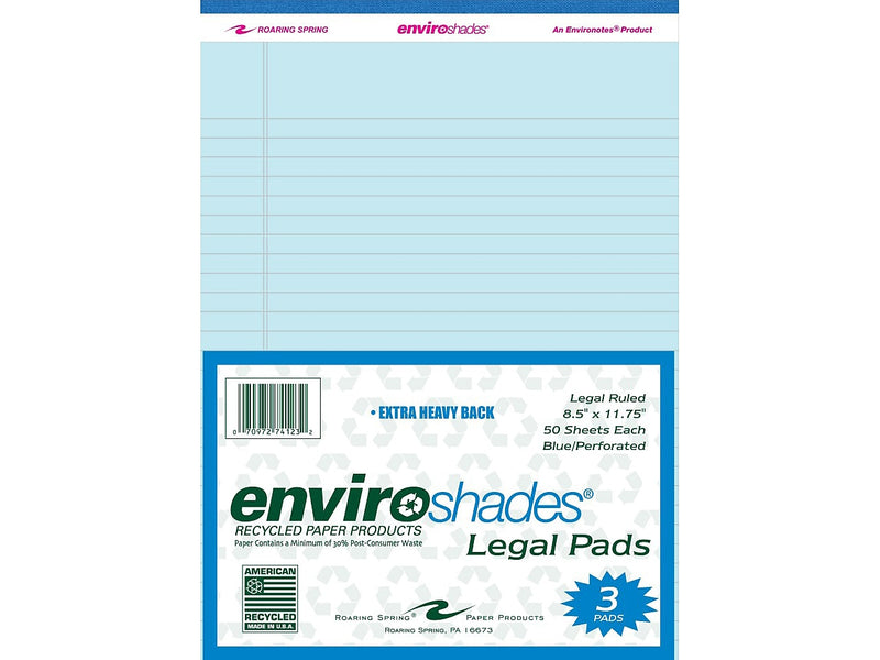 Roaring Spring Paper Products 8.5" x 11.75" Legal Pads, Recycled Blue Paper, 50 Sheets/Pad, 3 Pads/Pack (74123)
