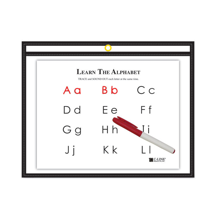 Reusable Dry Erase Pockets, Super Heavy-Duty, Top Load 12 x 9 Insert, Clear Front, Black Border