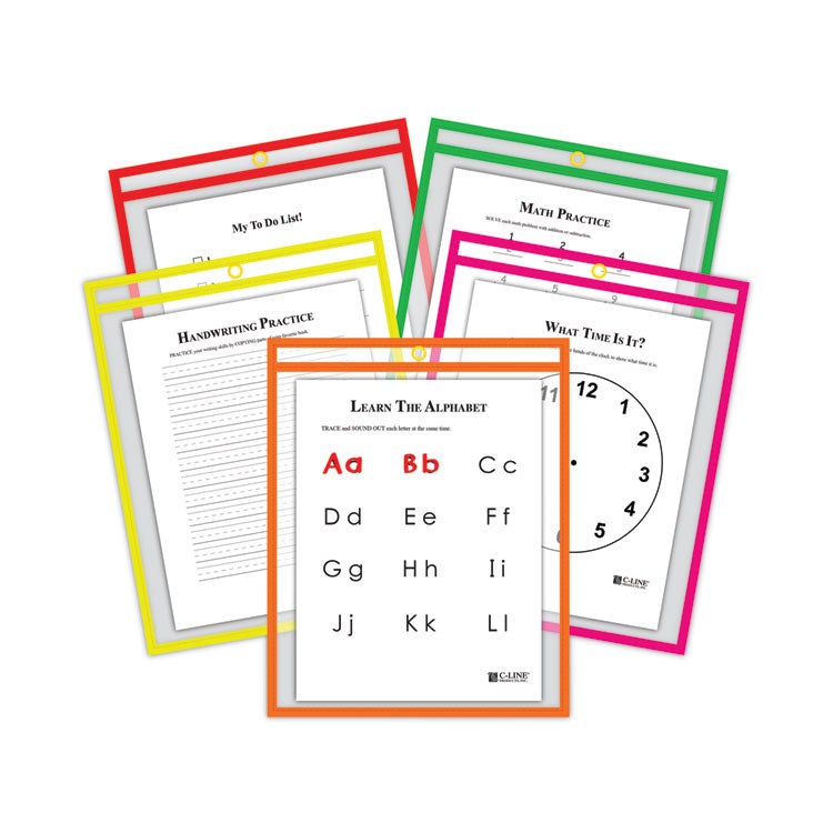 Reusable Dry Erase Pockets, Super Heavy-Duty, Top Load 9 x 12 Insert, Clear Front, Assorted Neon Border, 25/Box