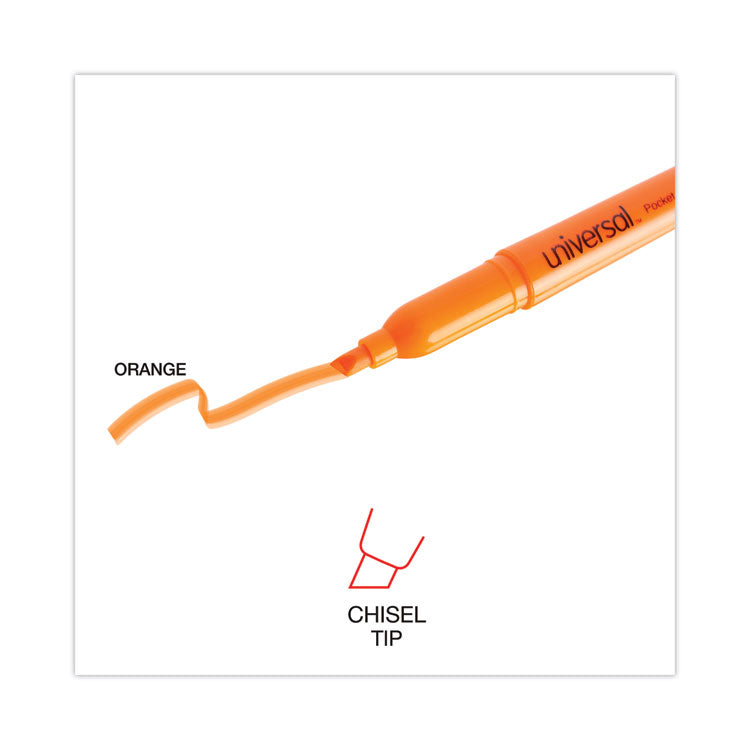 Pocket Highlighters, Fluorescent Orange Ink, Chisel Tip, Orange Barrel, Dozen