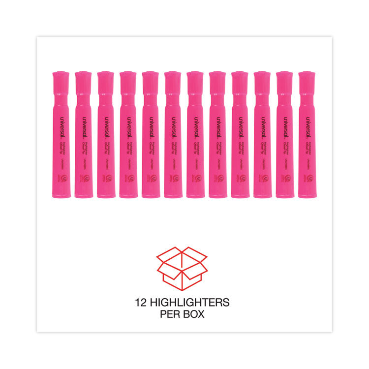 Desk Highlighters, Fluorescent Pink Ink, Chisel Tip, Pink Barrel, Dozen