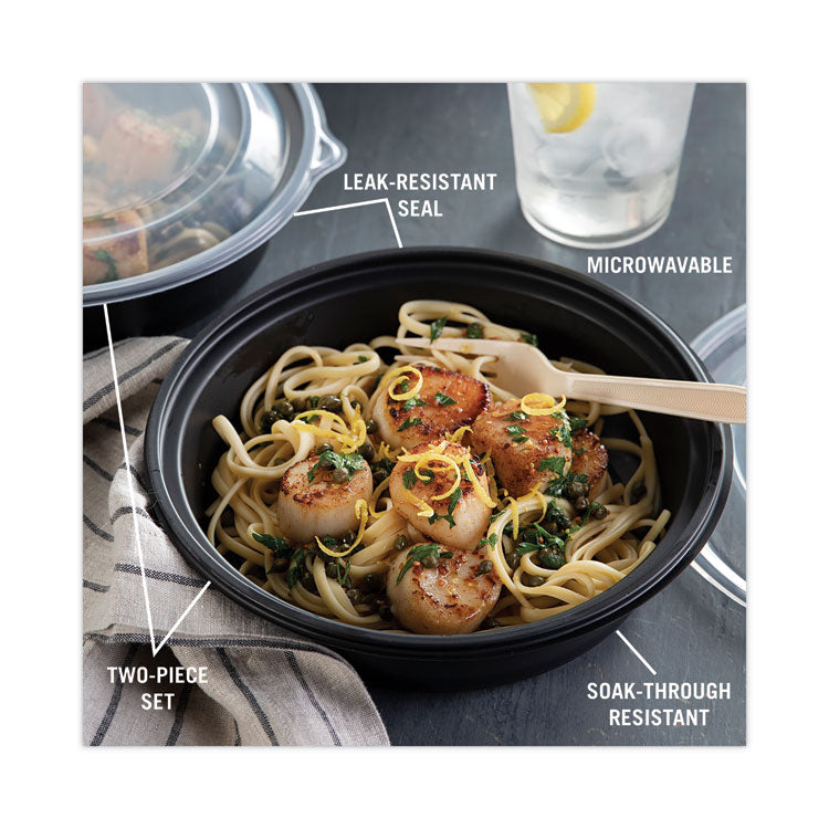 EarthChoice MealMaster Container with Lid, 32 oz, 8" Diameter x 2.12" h, Black/Clear, Plastic, 250/Carton