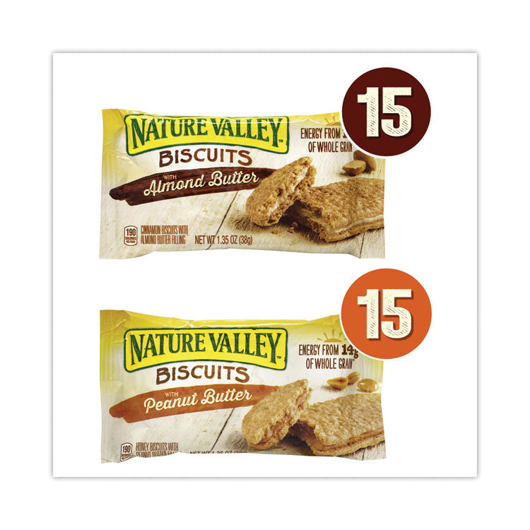 Biscuits, Cinnamon with Almond Butter/Honey with Peanut Butter, 1.35 oz Pouch, 30/Carton
