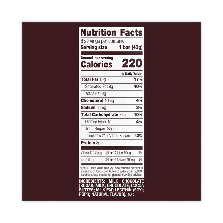 Milk Chocolate Bar, 1.55 oz Bar, 6 Bars/Pack, 2 Packs/Box
