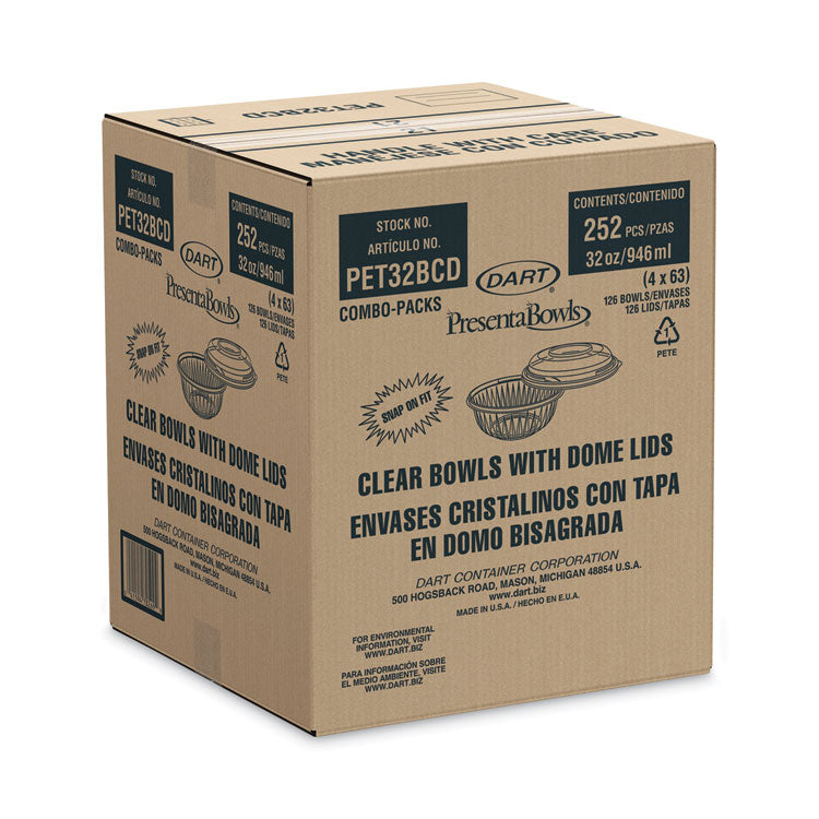PresentaBowls Bowl/Lid Combo-Paks, 32 oz, 7.25" Diameter x 2.88" h, Clear, Plastic, 63/Pack, 2 Pack/Carton