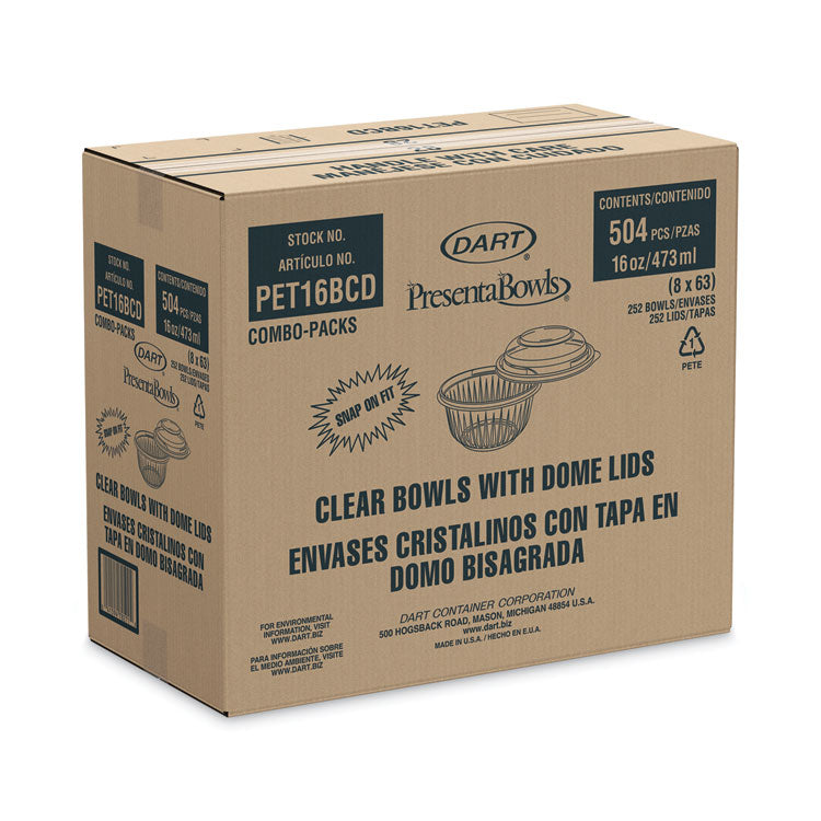PresentaBowls Bowl/Lid Combo-Paks, 16 oz, 5.38" Diameter x 2.6" h, Clear, Plastic, 63/Pack, 4 Pack/Carton