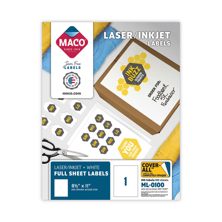 Cover-All Opaque Laser/inkjet Shipping Labels, Full-Sheet Format, Inkjet/laser Printers, 8.5 X 11, White, 100/box
