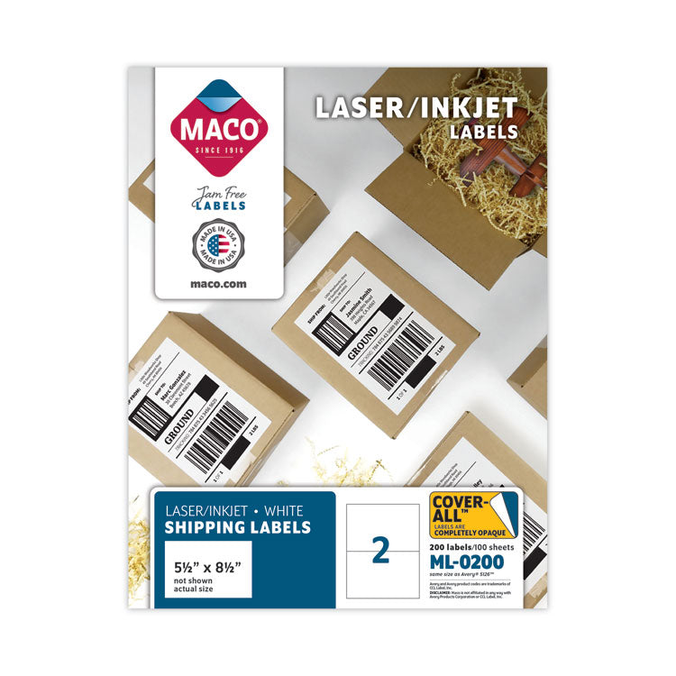 Cover-All Opaque Laser/inkjet Shipping Labels, Internet Format, 5.5 X 8.5, White, 2 Labels/sheet, 100 Sheets/box