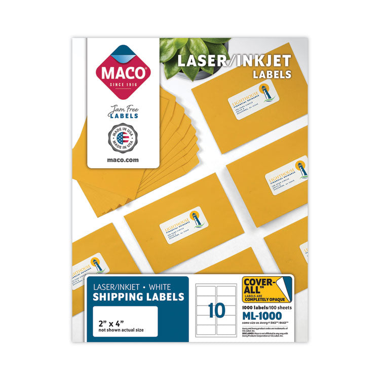 Cover-All Opaque Laser/inkjet Shipping Labels, Inkjet/laser Printers, 2 X 4, White, 10 Labels/sheet, 100 Sheets/box
