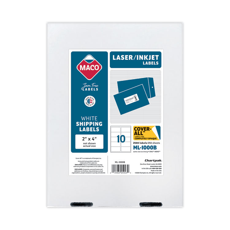 Cover-All Opaque Laser/inkjet Shipping Labels, Inkjet/laser Printers, 2 X 4, White, 10 Labels/sheet, 250 Sheets/box