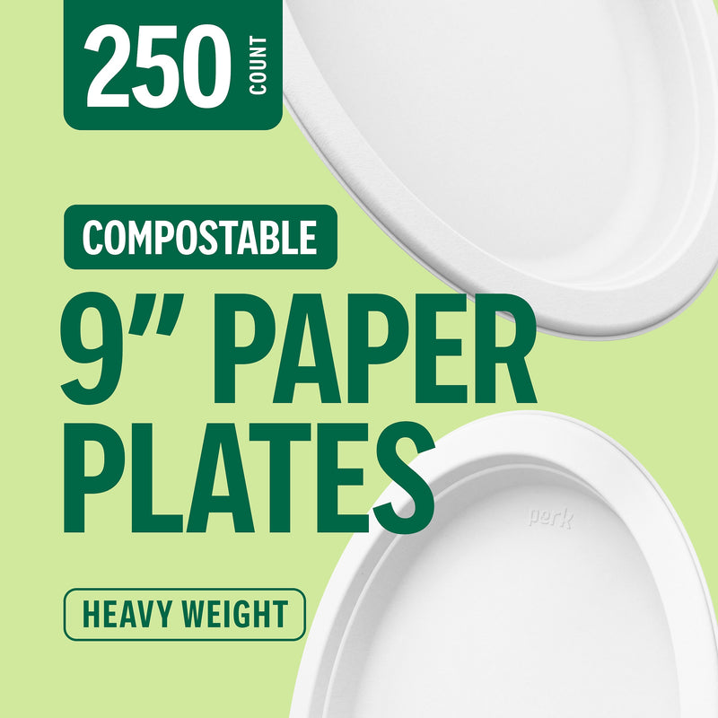 Perk™ Eco Compostable Paper Plates, 9", White, 250/Pack (PK61287)
