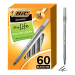 BIC Round Stic Xtra-Life Ballpoint Pens, Medium Point, 1.0mm, Black Ink, 60/Pack (GSM609-BLK)